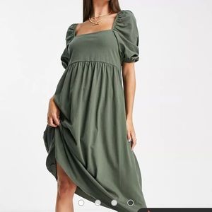 ASOS DESIGN Tall square neck gathered puff sleeve midi dress in khaki